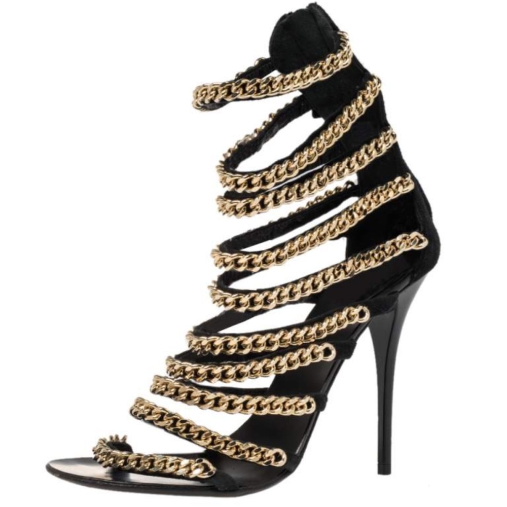 Kim Kardashian Giuseppe Zanotti Black Suede Chain Gladiator Sandals